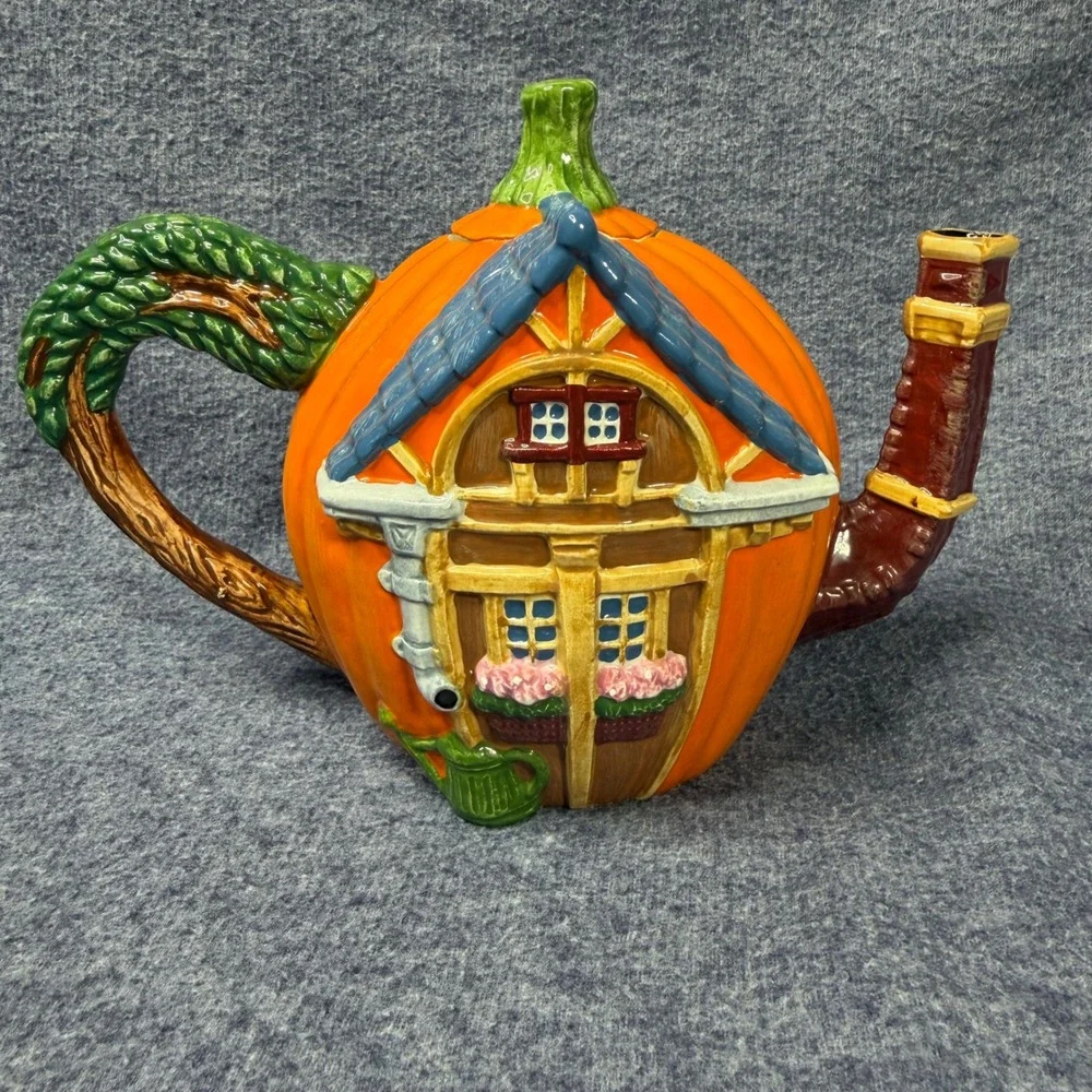 Dept 56 Pumpkin House Teapot + 3 Teacups Set Ceramic Fall Autumn Decor Whimsical